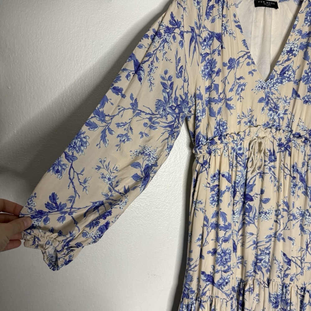 Few Moda Lined V-neck Long Sleeve Blue White Floral Maxi Dress Women's Small - Picture 5 of 14